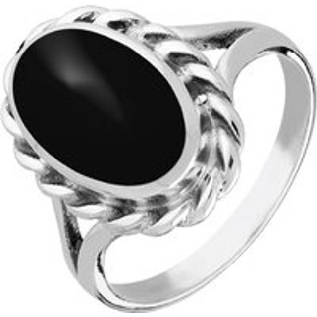 Sterling Silver Whitby Jet Large Oval Rope Edge Ring - Silver