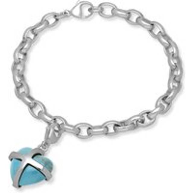 9ct White Gold Turquoise Medium Cross Heart Charm Bracelet - Option1 Value Gold