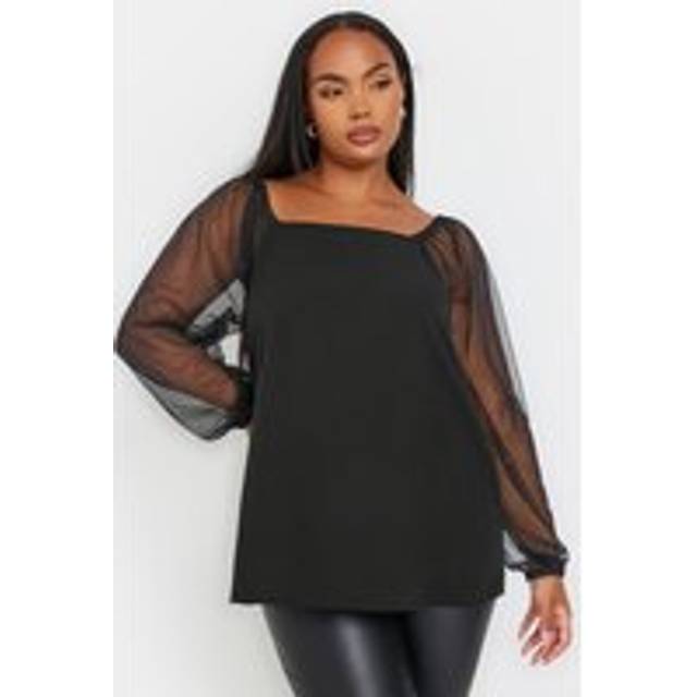 Yours Curve Black Mesh Glitter Sleeve Top, Women's Curve & Plus Size, Yours - 14