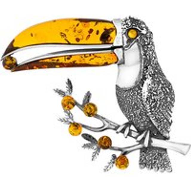 Sterling Silver Amber Large Toucan Brooch - Silver