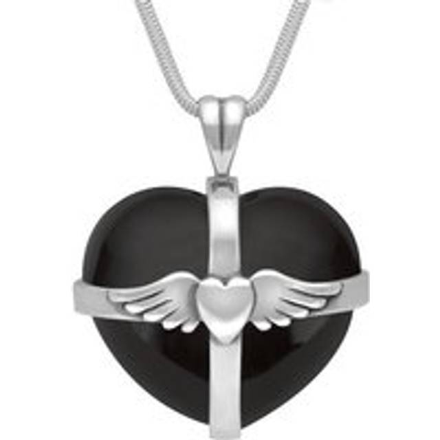 Sterling Silver Whitby Jet Large Winged Cross Heart Necklace - Silver