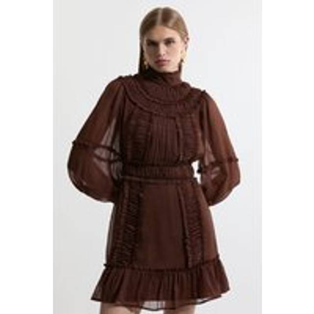 Lydia Millen Petite Pleat Crinkle High Neck Drama Sleeve Woven Mini Dress - Choc Brown
