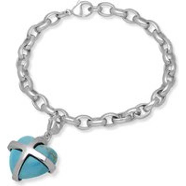 Sterling Silver Turquoise Large Cross Heart Charm Bracelet - Option1 Value Silver