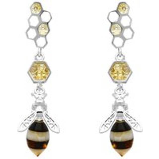 Yellow Gold Plated Sterling Silver Amber Bee and Honeycomb Earrings