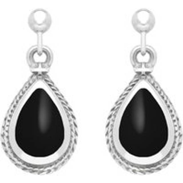 Sterling Silver Whitby Jet Pear Shaped Drop Earrings - Silver