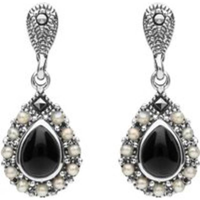 Sterling Silver Whitby Jet Marcasite Pearl Round Edge Bead Drop Earrings - Silver