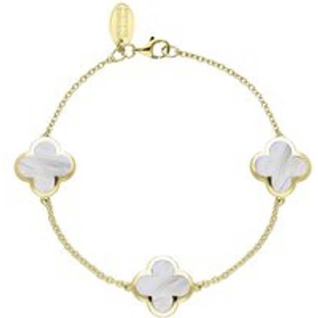 18ct Yellow Gold White Mother of Pearl Bloom Four Leaf Clover Chain Bracelet