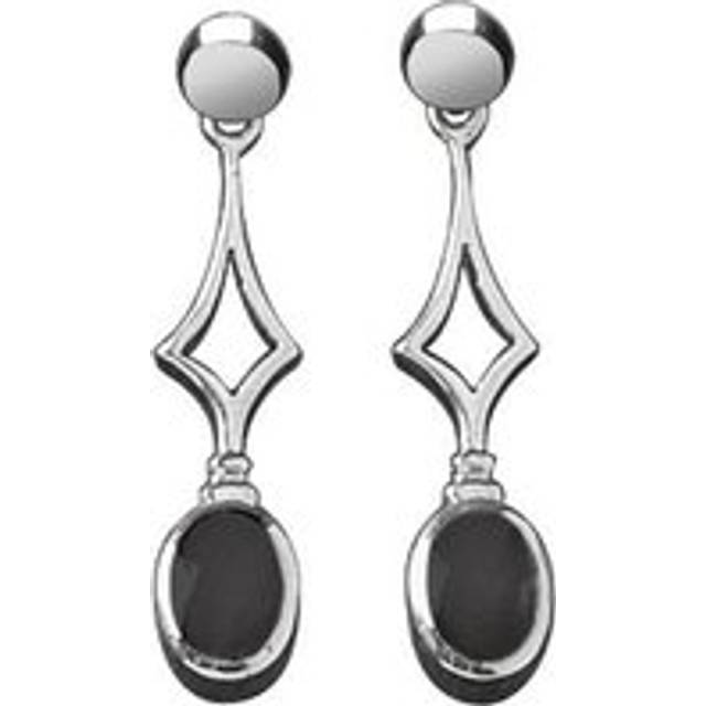 Sterling Silver Whitby Jet Diamond Shape Oval Drop Earrings - Silver