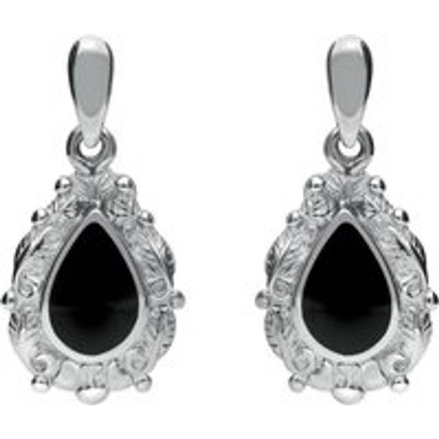Sterling Silver Whitby Jet Pear Shaped Leaf Drop Earrings - Silver