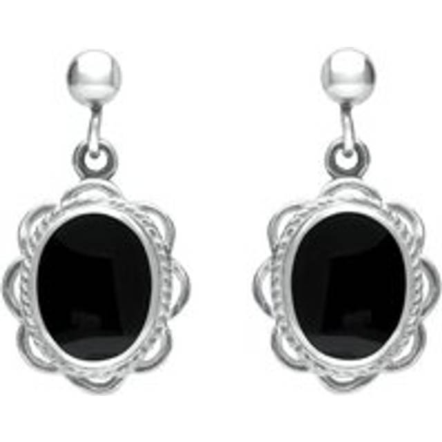 Sterling Silver Whitby Jet Oval Rope Frill Drop Earrings - Silver