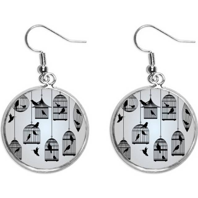 illustration birds cage outline ear dangle silver drop ear jewelry woman
