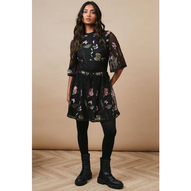 Oasis Womens Embroidered Mesh Trim Detail Angel Sleeve Mini Dress - Black - Size 8 UK
