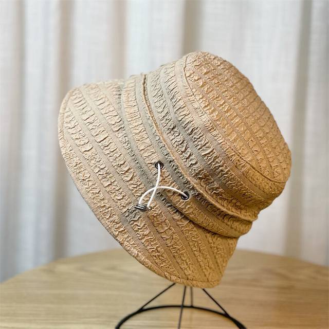 (Khaki) Fisherman Drawstring Hat Womens Pleated Basin Hat Fashion Shade Face Bucket Hat