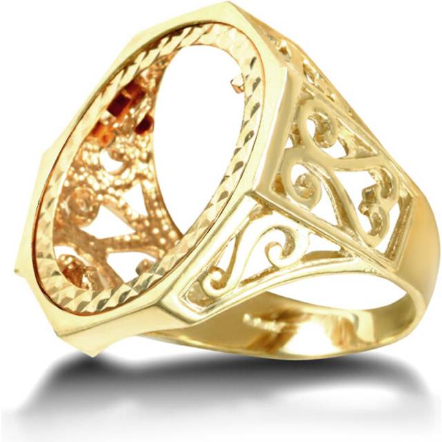 (Y) Jewelco London Men's Solid 9ct Yellow Gold Octagon Scroll Full Sovereign Mount Ring - JRN179-F