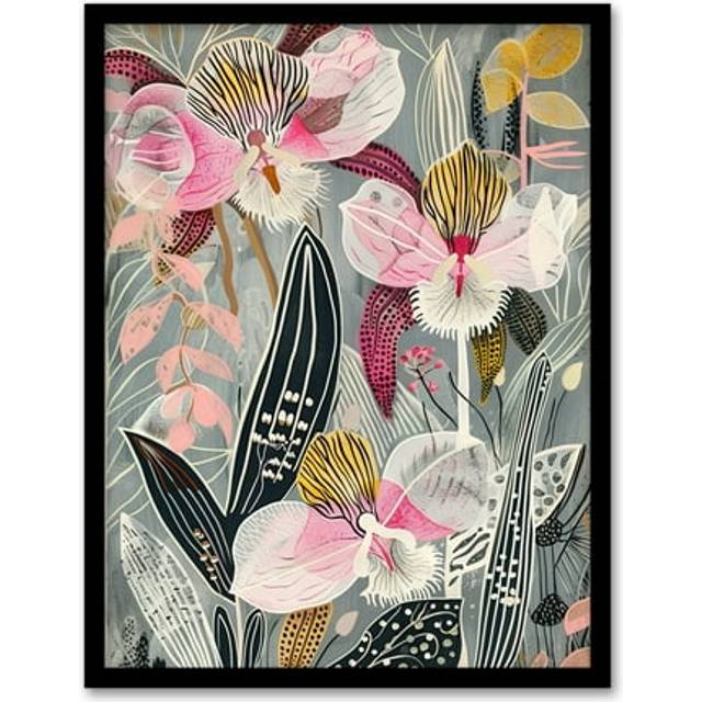 Bold Stylised Orchid Flowers Hot Pink Contrast Framed Art Print - A4