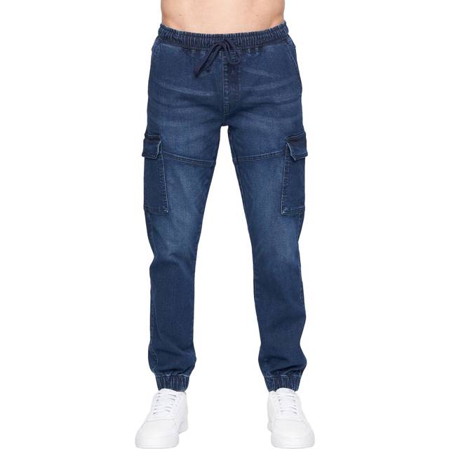 (30R, Dark Wash) Crosshatch Mens Malimore Cuffed Ankle Cargo Jeans