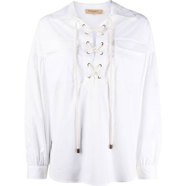 TWINSET - lace-up loose-fit blouse - women - Cotton/Spandex/Elastane/Mother of Pearl - 42 - White