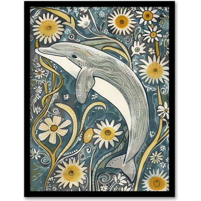 Dolphin Daisy Wildflowers Artwork Quirky Floral Framed Art Print - Blue - A4