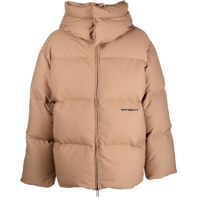 Men's Off-White OW Race Canvas Camel Beige Puffer Down Jacket - Brown