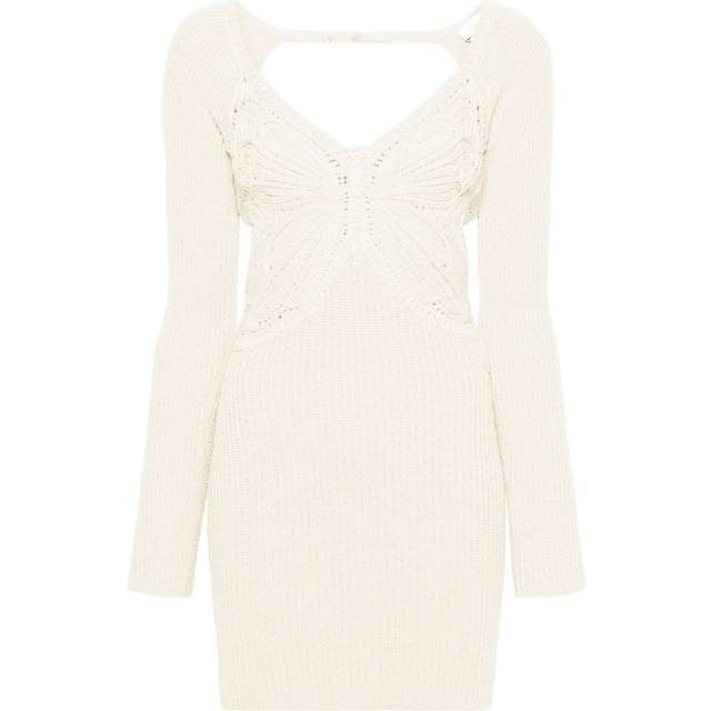 Blumarine - butterfly-embroidered ribbed midi dress - women - Cotton/Polyamide - M - Neutrals