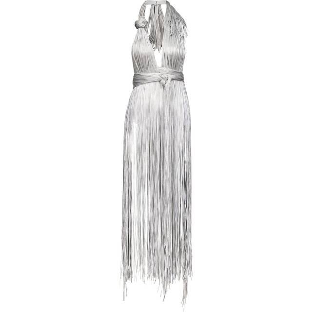 AREA - metallic fringed halter minidress - women - Cotton/Elastane - XL - Silver