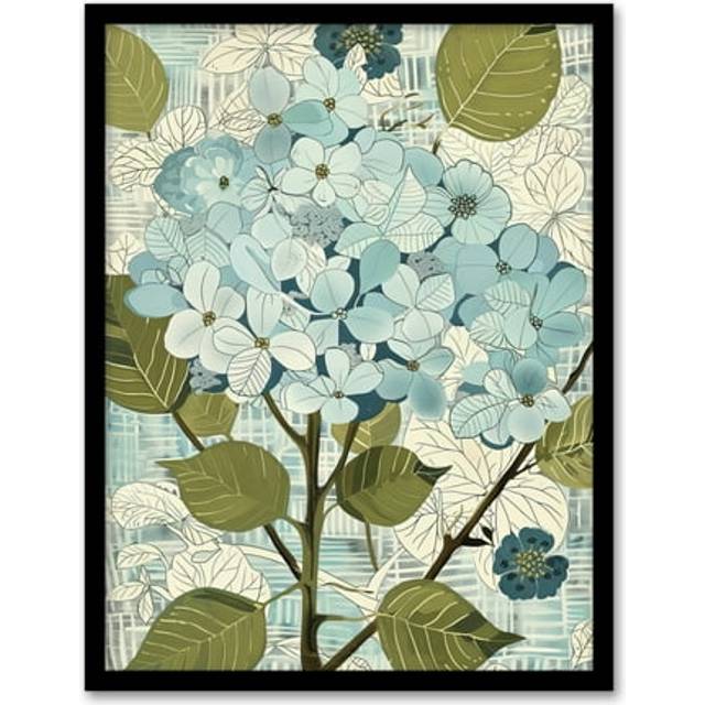 Blue Hydrangea Flowers Artwork Bouquet Floral Framed Art Print - A4