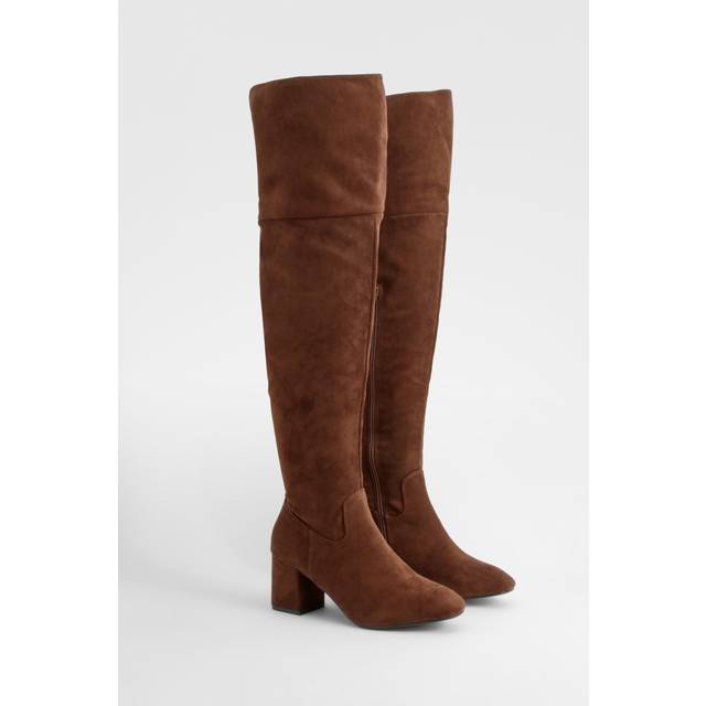 Womens Faux Suede Block Heel Over The Knee High Boots - Chocolate - 3