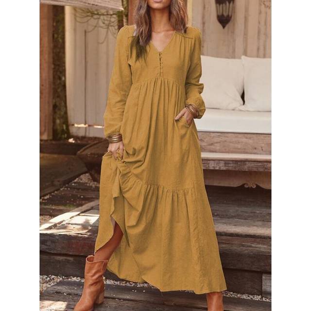 (Brown, 3XL) Women Casual Cotton Linen Long Sleeve Ladies Loose Swing Solid Button Maxi Dress