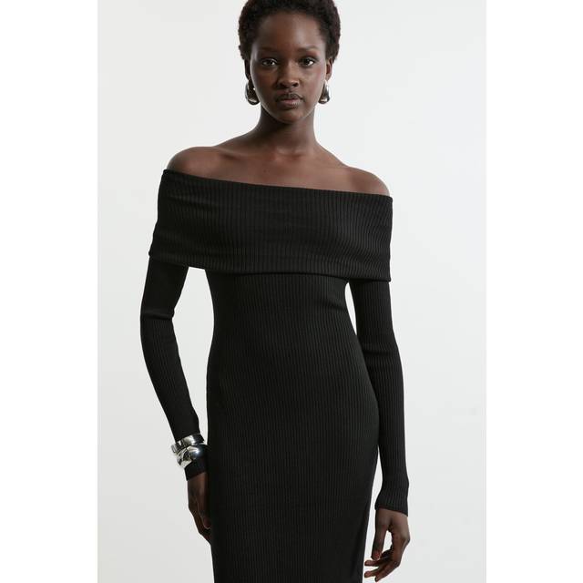 Viscose Blend Rib Detail Bardot Knit Midi Dress - Black