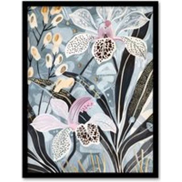 Orchid Flowers Artwork Exotic Dark Floral Bloom Framed Art Print - Blue - A4