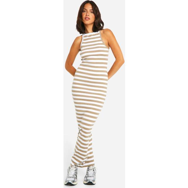 Womens Basic Stripe Rib Racer Neck Maxi - Beige - 18