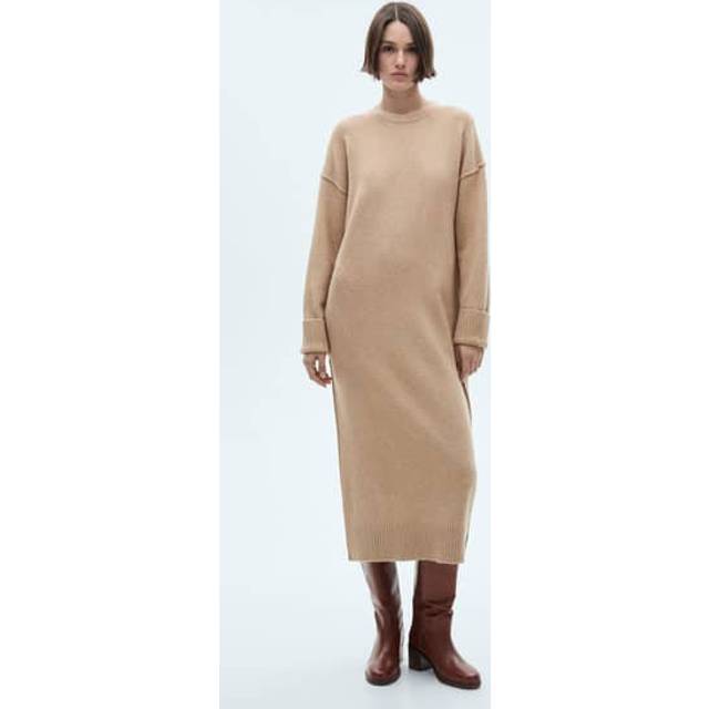 Knitted dress with ribbed finishes medium brown - Woman - 8 - MANGO - Medium Brown