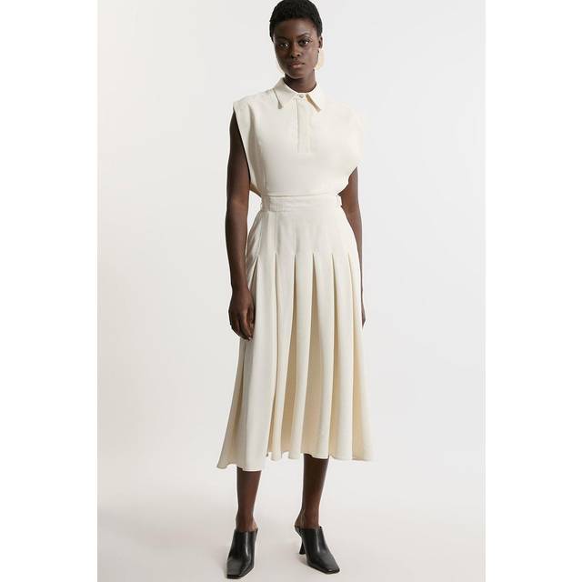 Structured Crepe Pleated Sleeveless Shirt Tailored Midi Dress - Ivory