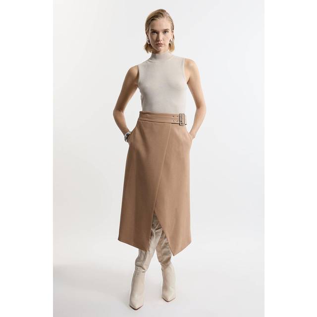 Compact Stretch Wrap Over Belted Tailored Maxi Skirt - Camel