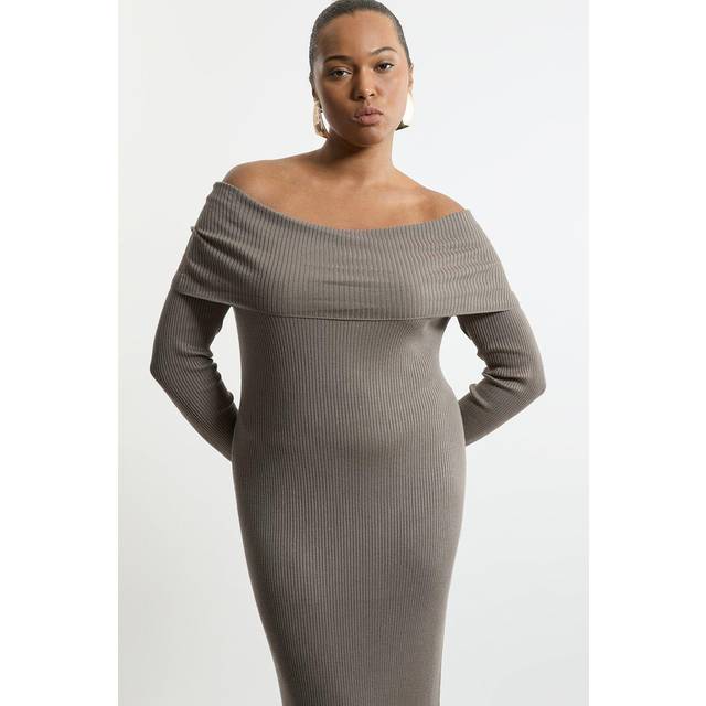 Plus Size Viscose Blend Rib Detail Bardot Knit Midi Dress - Grey
