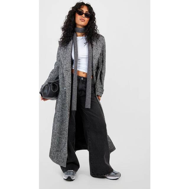 Womens Herringbone Double Breasted Wool Coat - Grey - 12, Grey