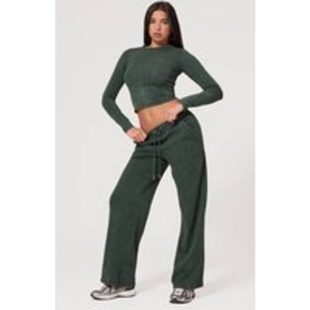 PRETTYLITTLETHING Forest Green Washed Low Rise Oversized Wide Leg Joggers, Forest Green - M