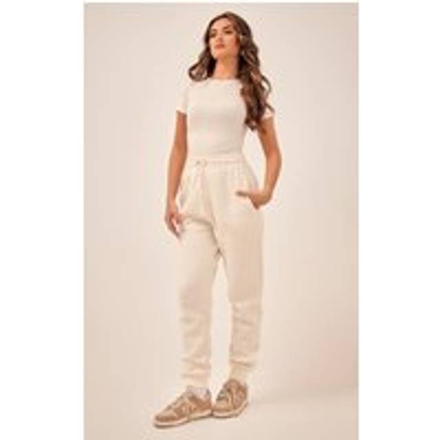 PRETTYLITTLETHING Off White High Waisted Washed Cuffed Joggers, Off White - XS