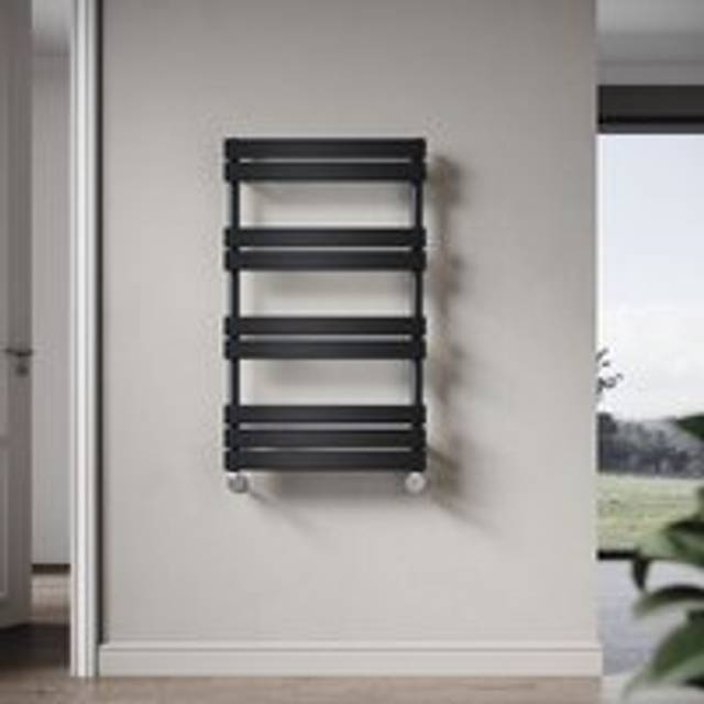 Elegant - 1000 x 600mm Heated Towel Rail Black Modern Bathroom Radiator, Flat Panel Design ,Central Heating Towel Warmers, Exclude Valves