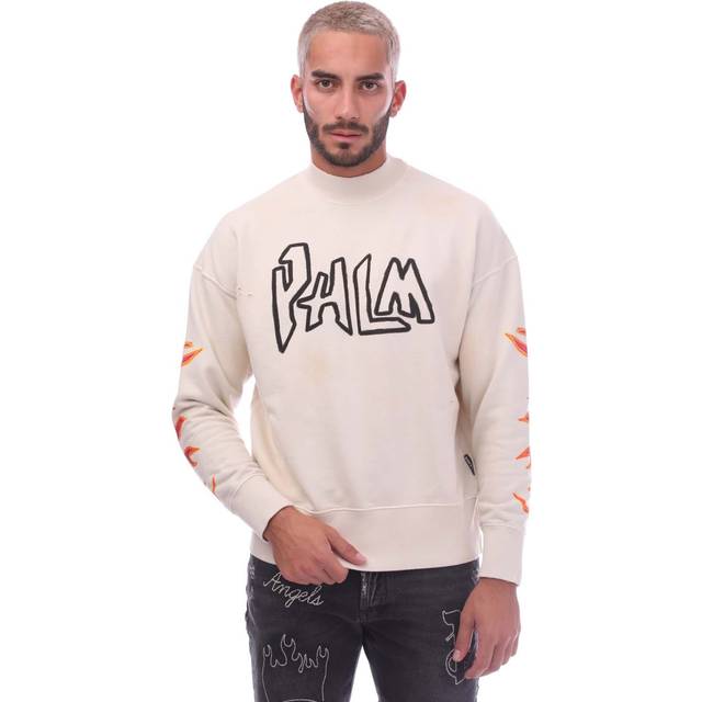 Men's Palm Angels Garment Dye Palm Graffiti Flames Sweatshirt Off White/Black - Tan - Size: M
