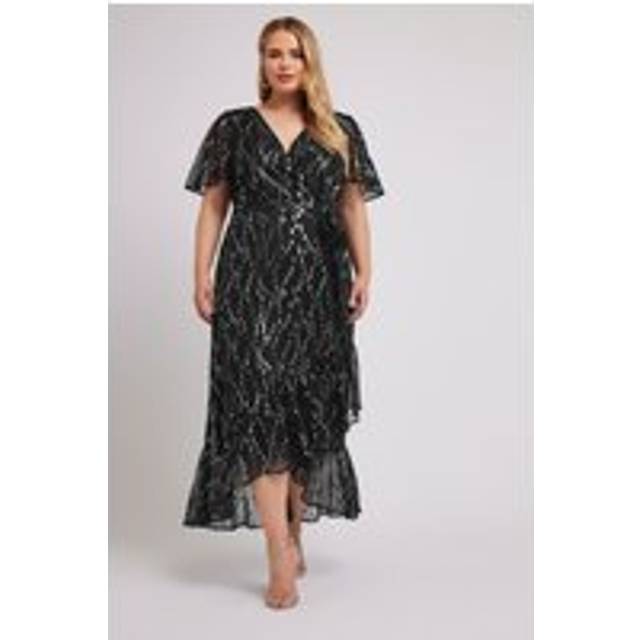 Yours London Curve Black & Silver Metallic Dobby Wrap Dress, Women's Curve & Plus Size, Yours London - 24