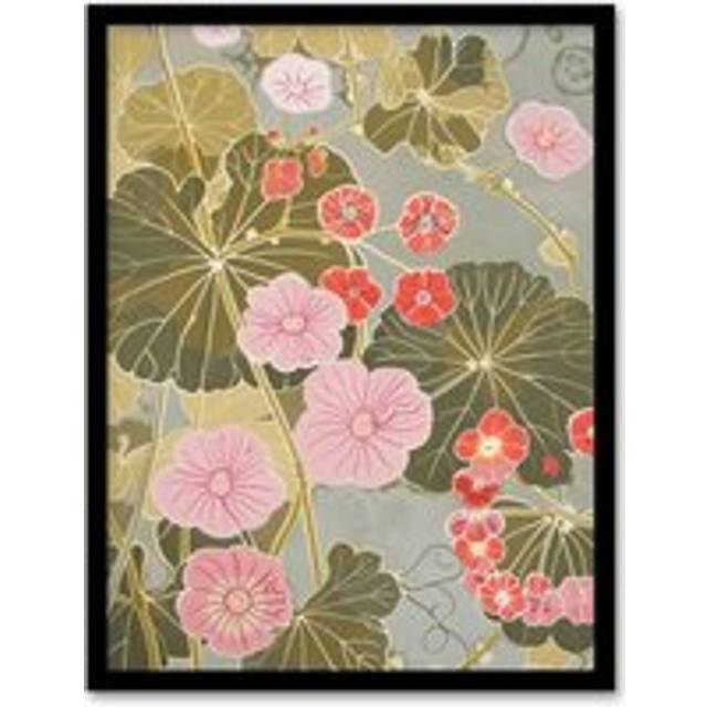 Pink Geranium Flowers Artwork Pastel Foliage Framed Art Print - Green - A4