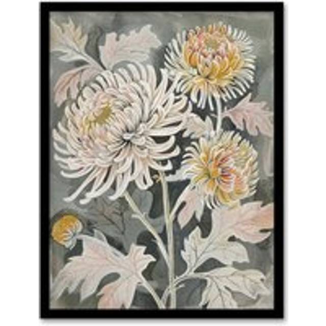 Pink Orange Chrysanthemum Flower Artwork Floral Framed Art Print - Green - A4