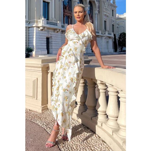 AX Paris Cream Floral Printed Strappy Frill Hem Midi Dress