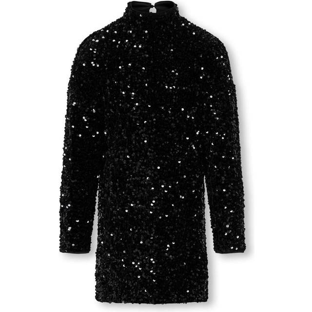 Only Kids Girls Sequin Long Sleeve Dress - Black, Black, Size 7-8 Years - 7-8 YEARS