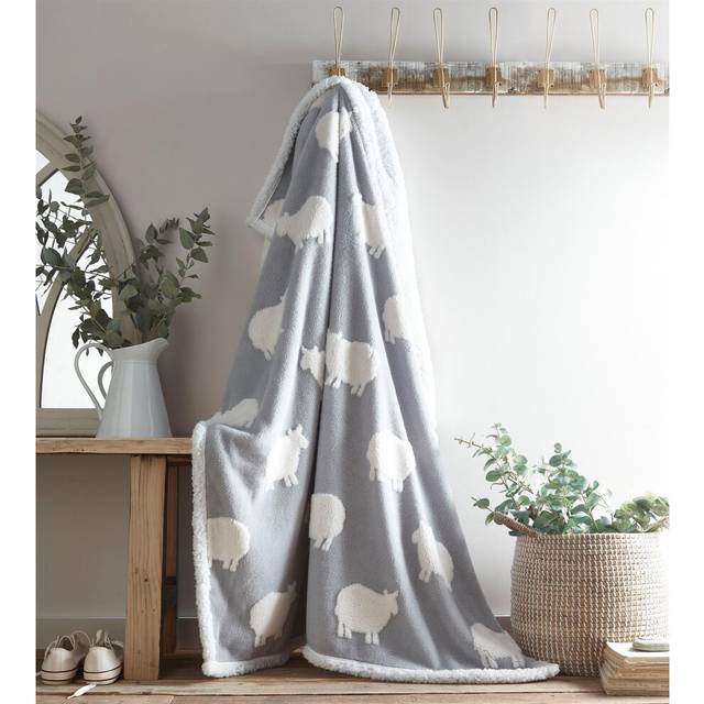 Portfolio Living Sheep Throw Grey Fleece Blanket Reversible Sherpa 130x170cm