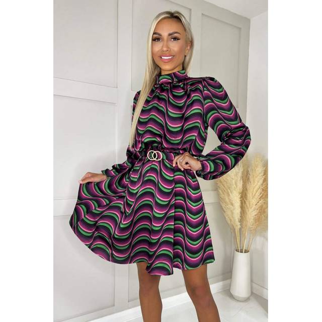 AX Paris Womens Multi Print Long Sleeve High Neck Belted Skater Dress - Multicolour - Size 8 UK
