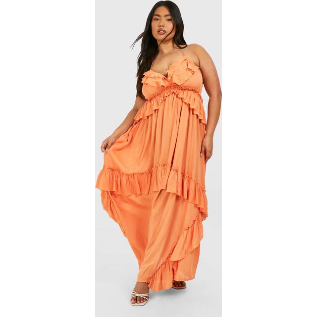 Womens Plus Cheesecloth Ruffle Frill Detail Strappy Maxi Dress - Orange - 22, Orange