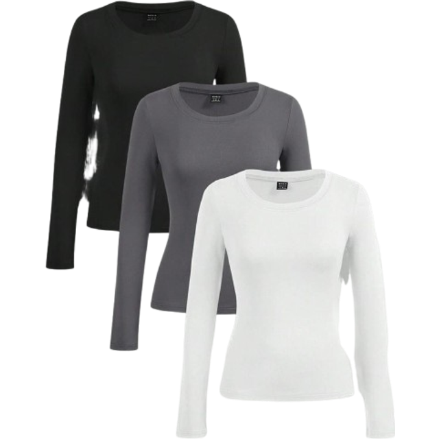 SHEIN 3pcs Women&#39;s Solid Round Neck Casual Fitted Long Sleeve T-Shirt Set, Suitable For Spring, Autumn And Winter