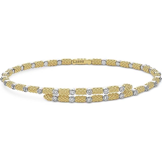 Lagos 18K White & Yellow Gold Signature Caviar Diamond Superfine Cuff Coil Bracelet